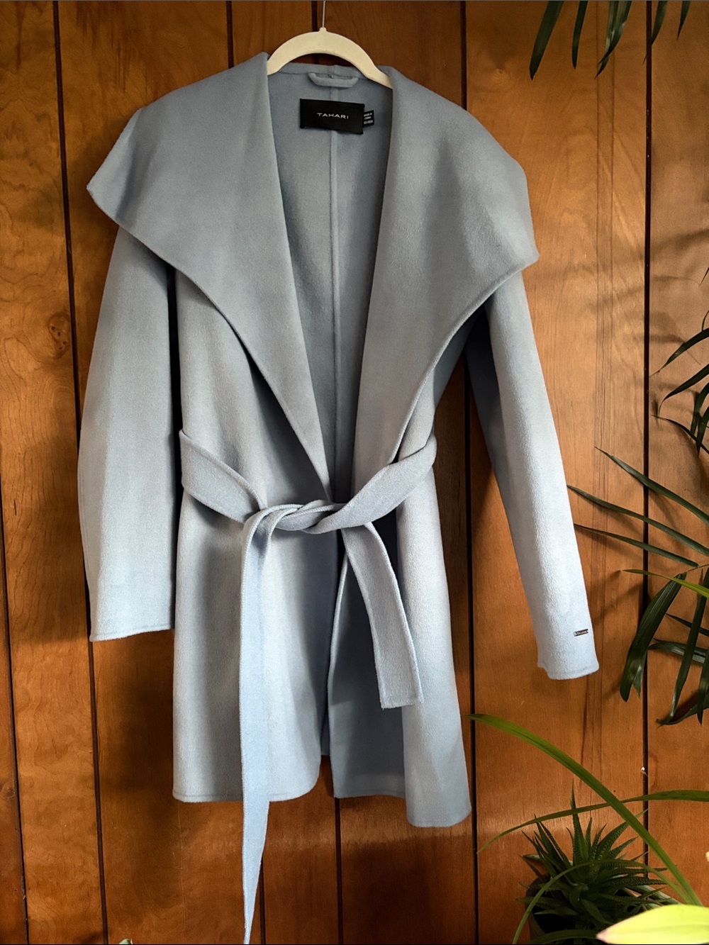 Tahari Powder Blue Shawl-Collar Wrap Trench Coat with Belt